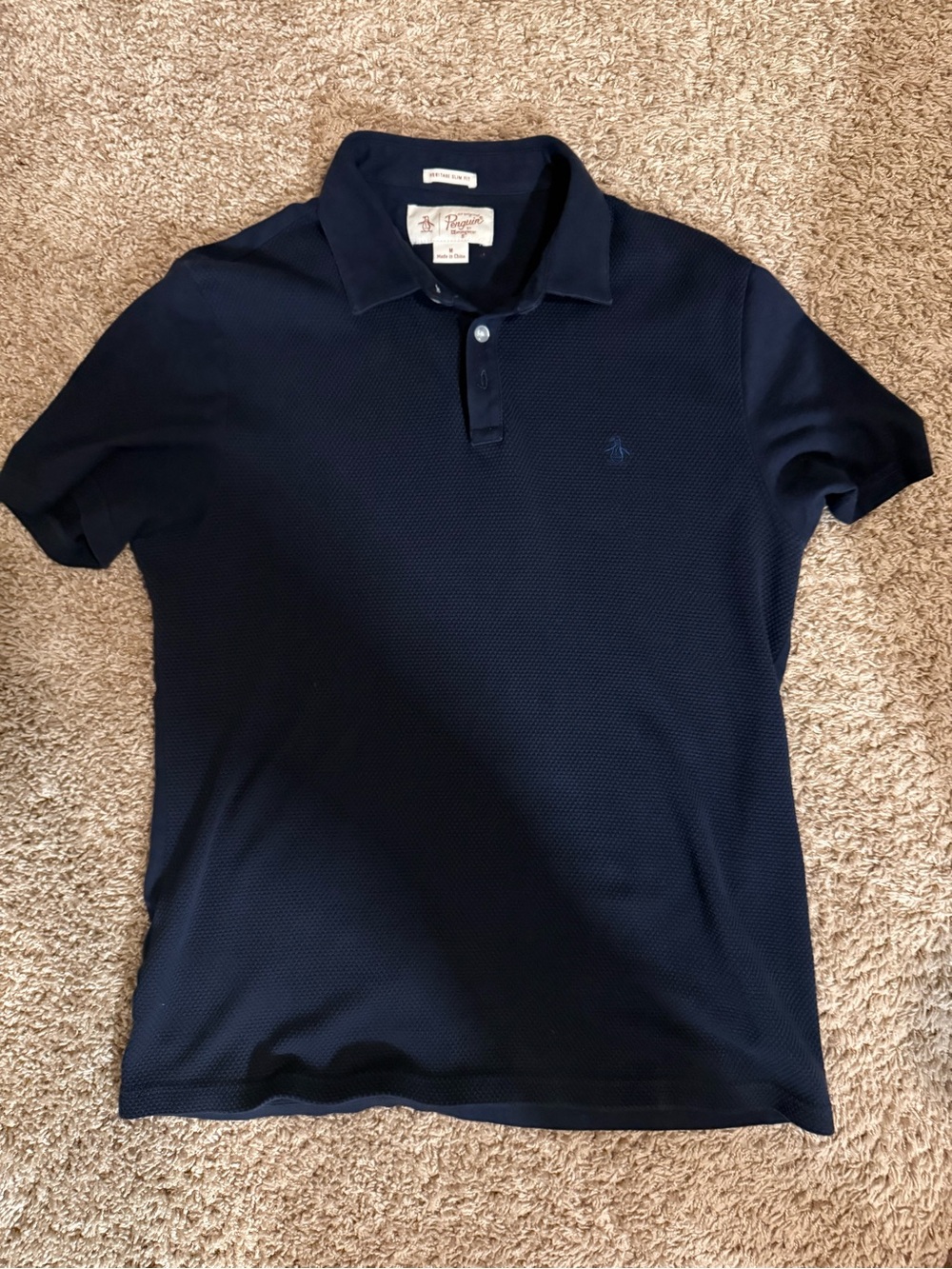Men's Navy Polo Shirt with Subtle Texture - Classic Collared Short Sleeve